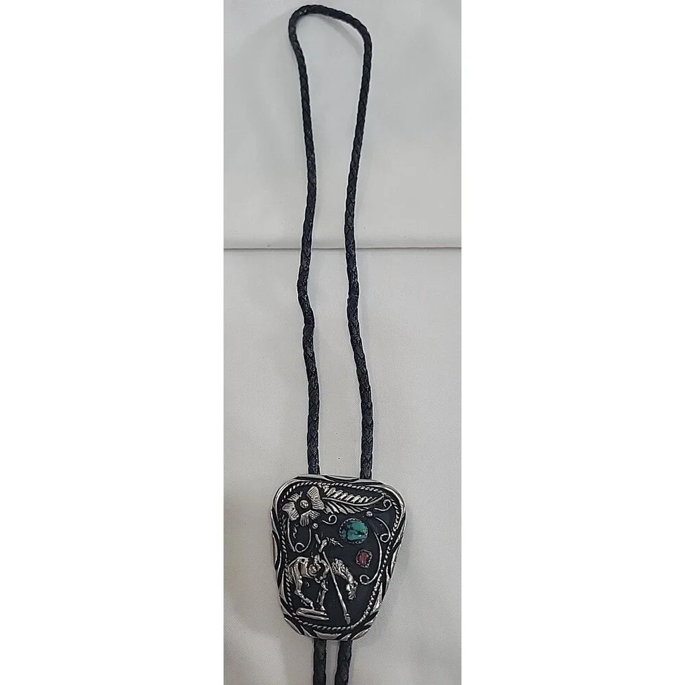 Lot of 4 Vintage SSI Western Bolo Ties USA Genuine Turquoise Coral Steer Bronco